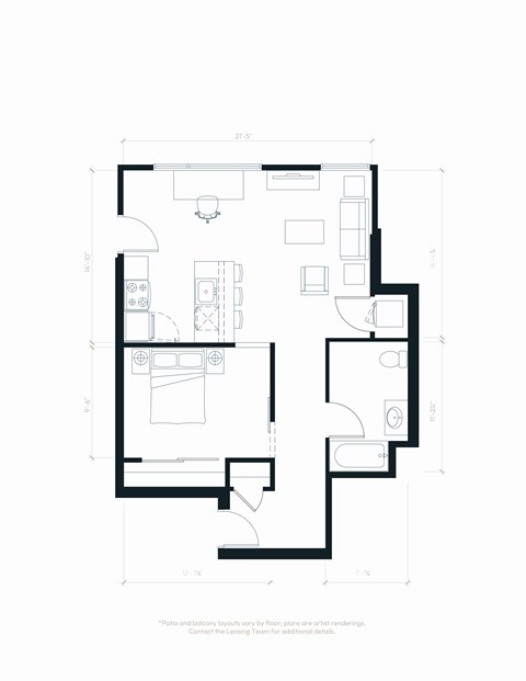 Floor plan for 1 bed, 1 bath, 764 sqft